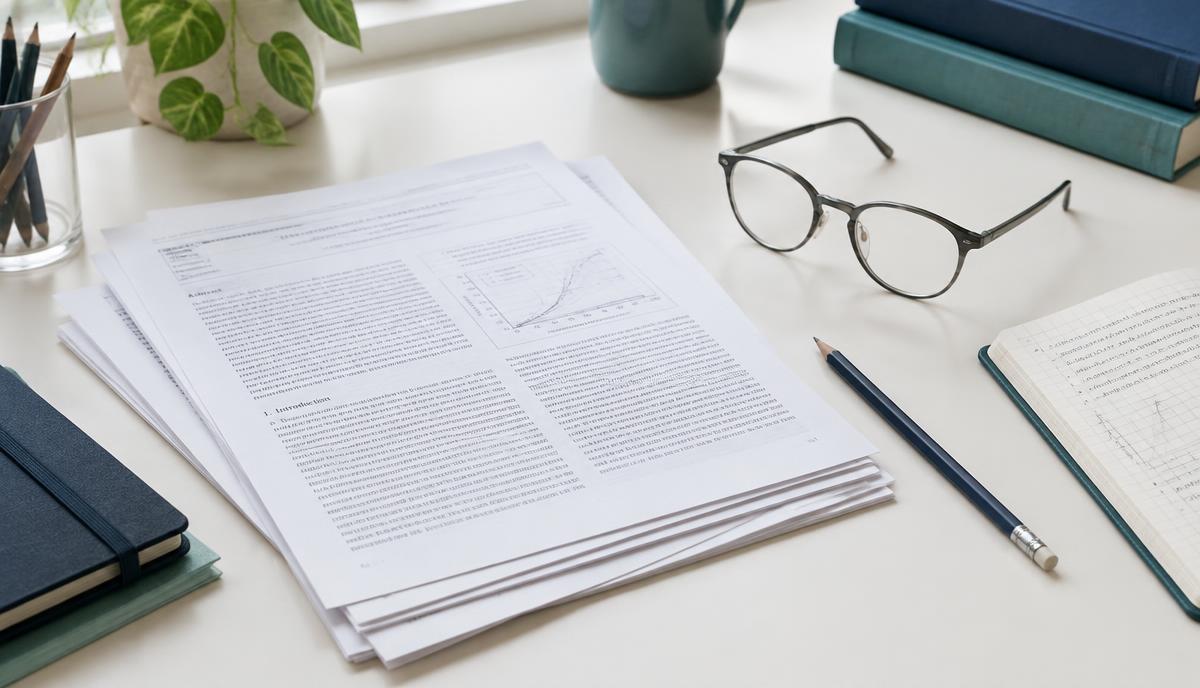 Fachartikel, Notizbuch und Brille auf einem hellen Schreibtisch