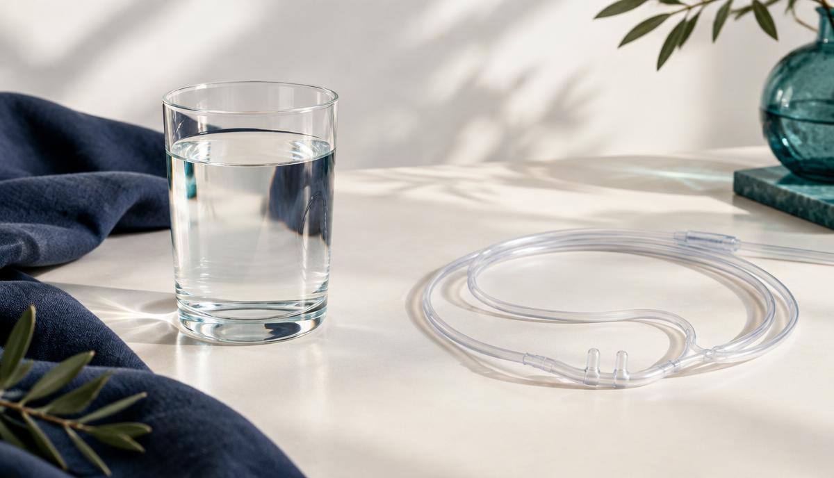 Glas Wasser und Nasenkanüle als sachlicher Vergleich zweier Aufnahmewege